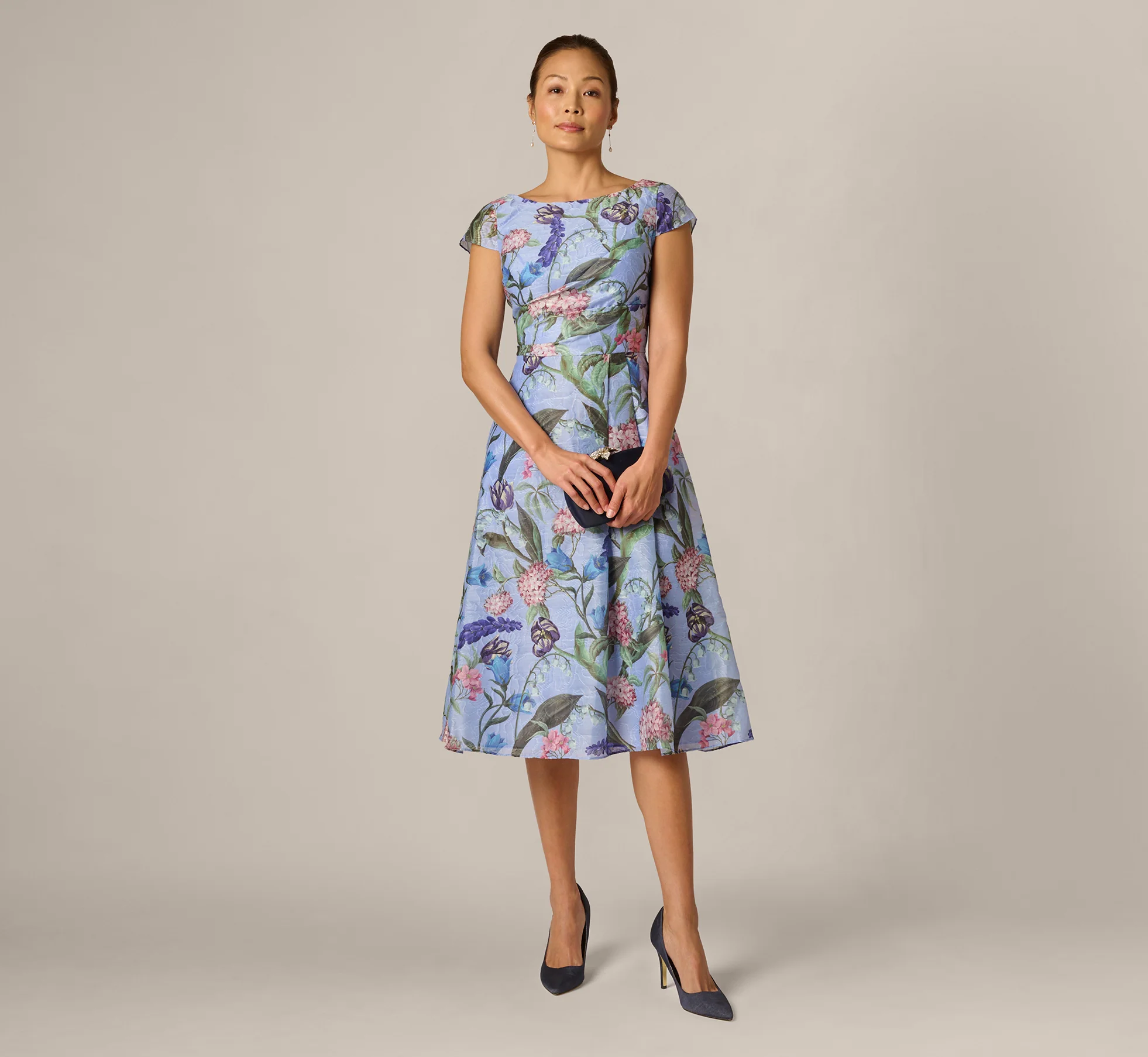 petite mother of the bride dress with cap sleeves and midi length