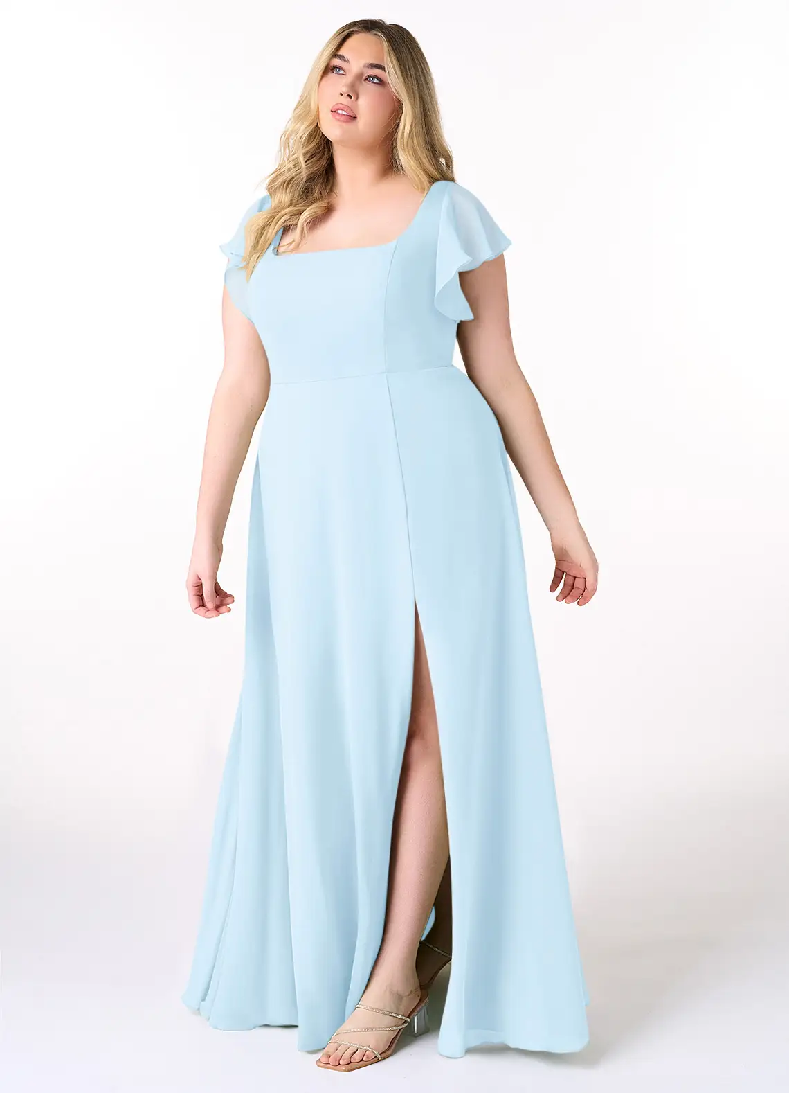 bridesmaid wearing blue chiffon azazie bridesmaid dress