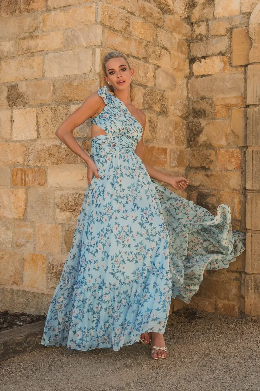blue one-shoulder wedding guest dress