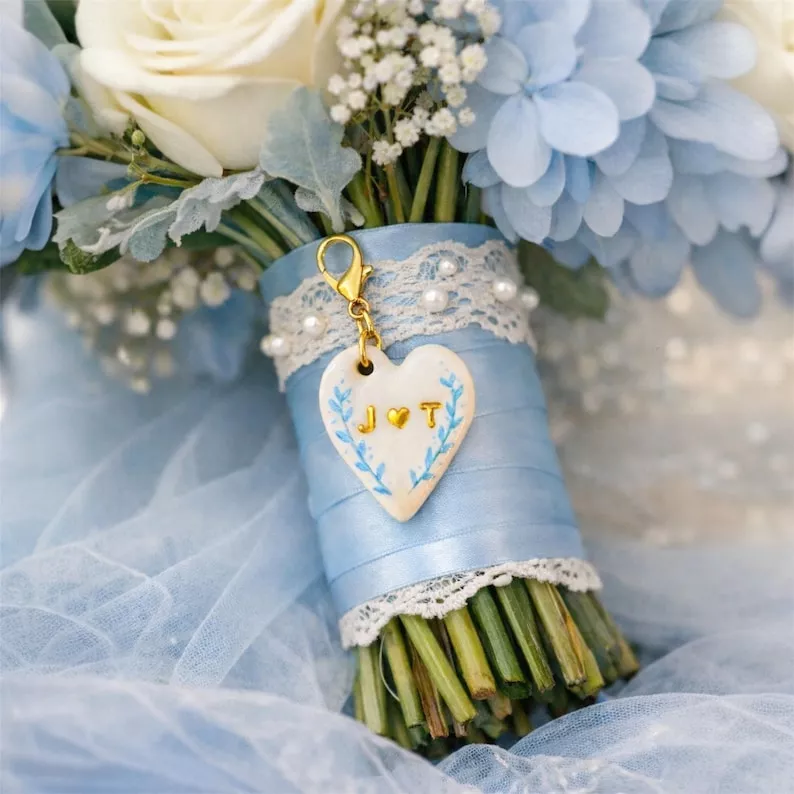 something blue bouquet charm - clay heart with initials
