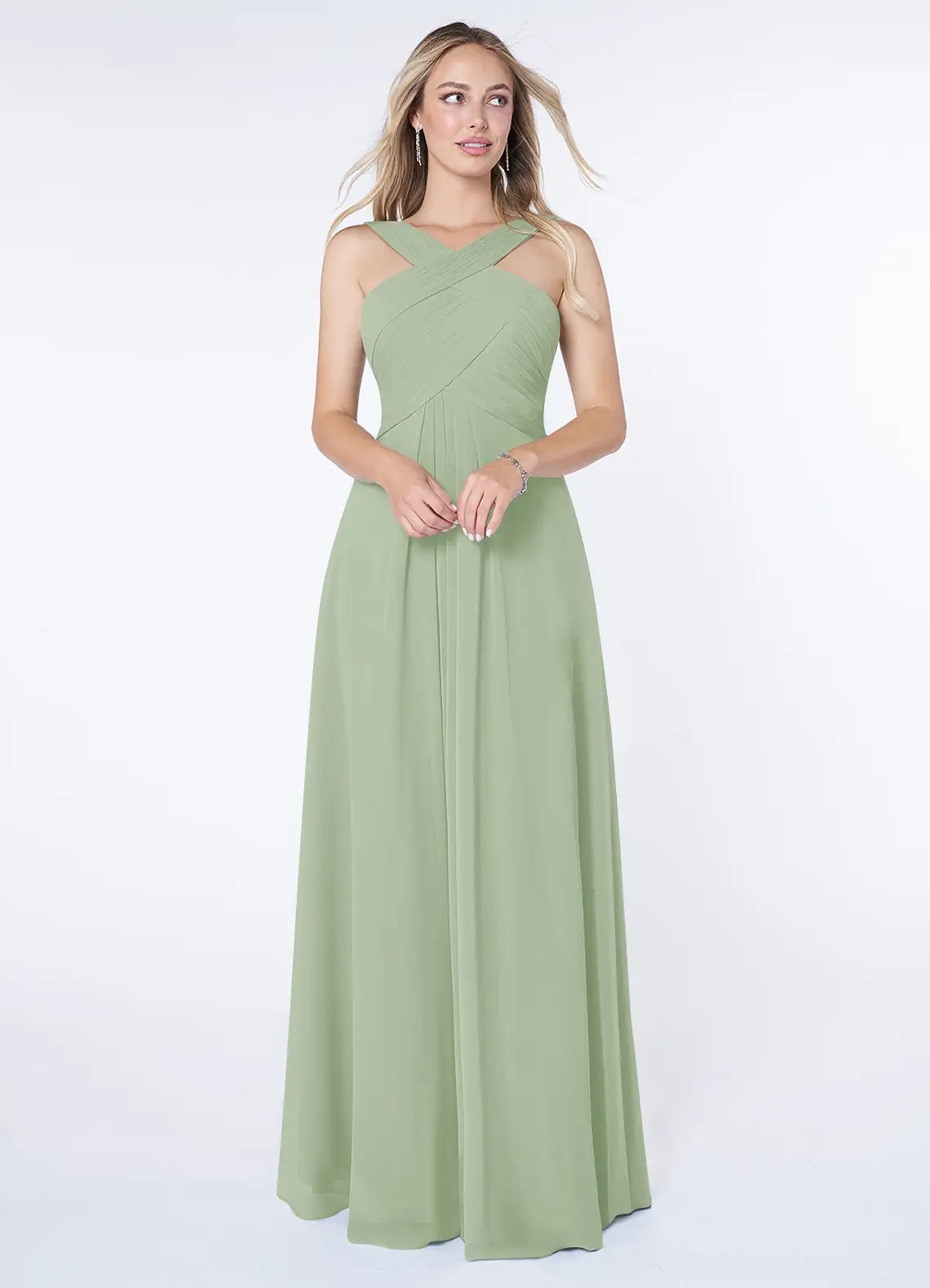 bridesmaid wearing elegant sage bridesmaid dress with a-line skirt by azazie