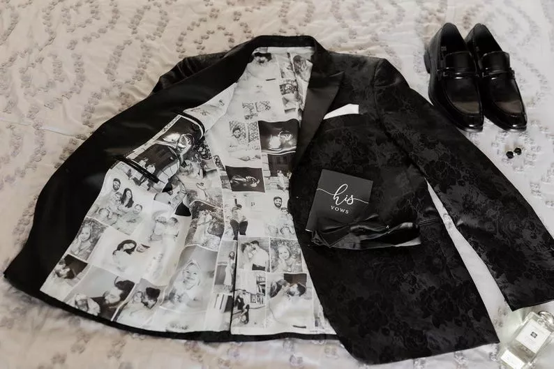 groom gift from bride for wedding day - custom collage photo liner for jacket