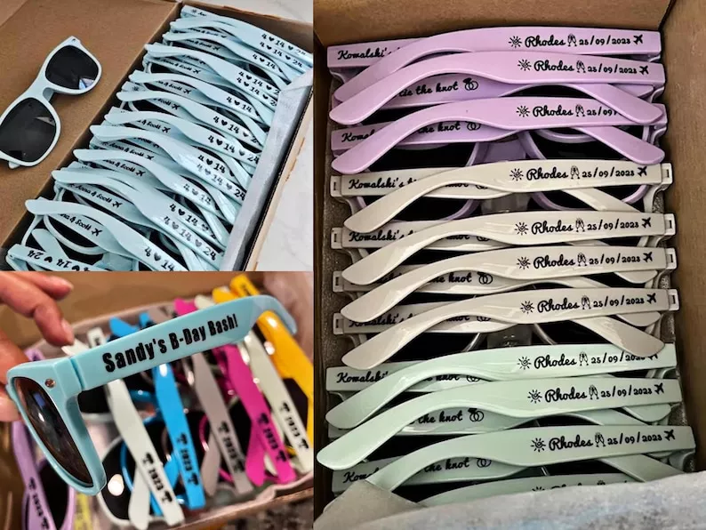 custom wedding sunglasses favors in multiple colors with bulk pricing