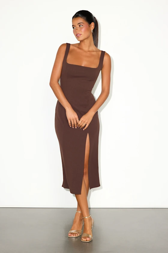 square neck brown bridesmaid dress with midi length