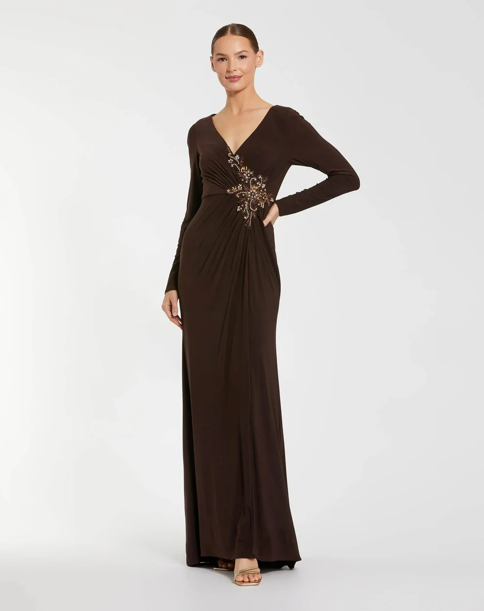 dark chocolate brown bridesmaid dresses with long sleeves