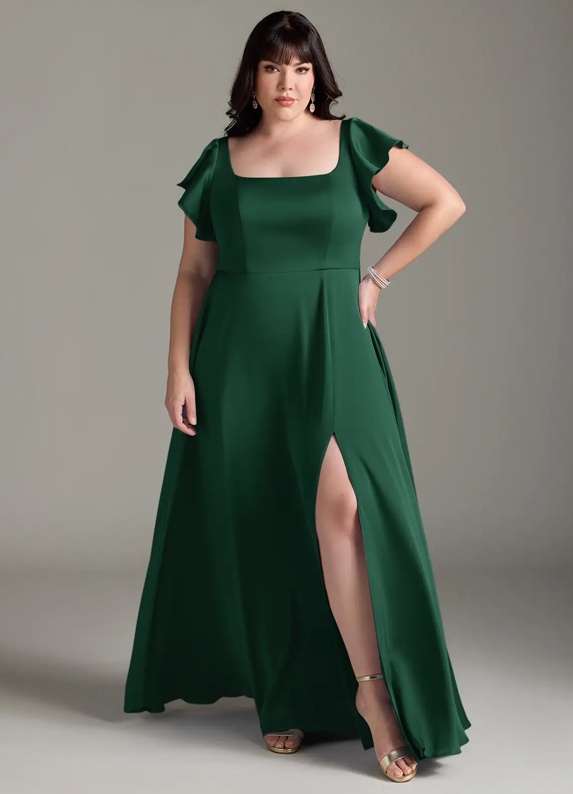 bridesmaid wearing plus size satin azazie bridesmaid dress