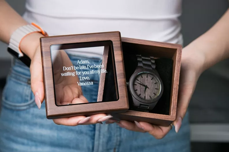 engraved watch gift for groom from bride with sweet message engraved on wooden watch gift box