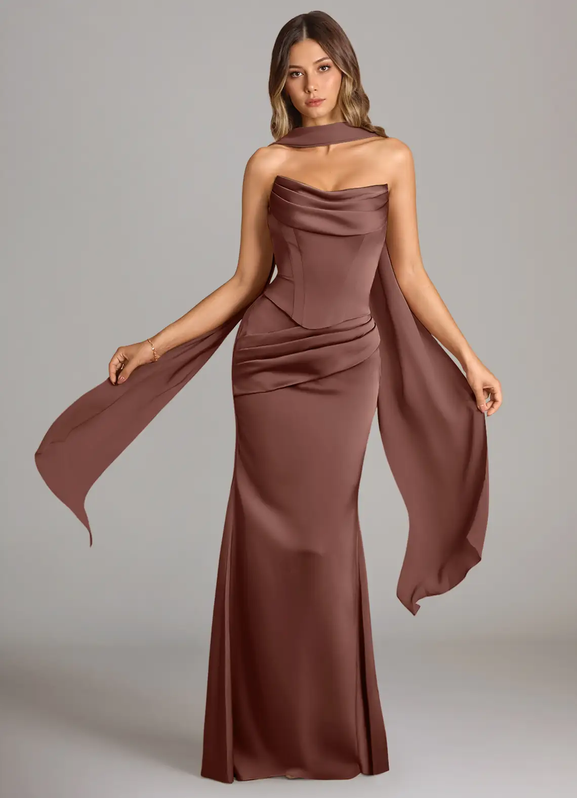 bridesmaid wearing espresso dress with scarf - cheap bridesmaid dresses that look expensive for 2026