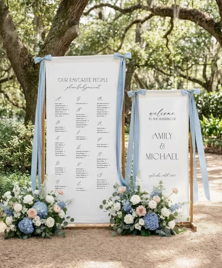 wedding seating chart printed on fabric and hanging