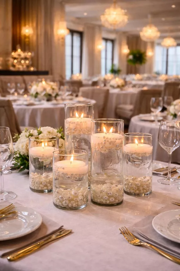 floating candle centerpieces in glass cylinder vases