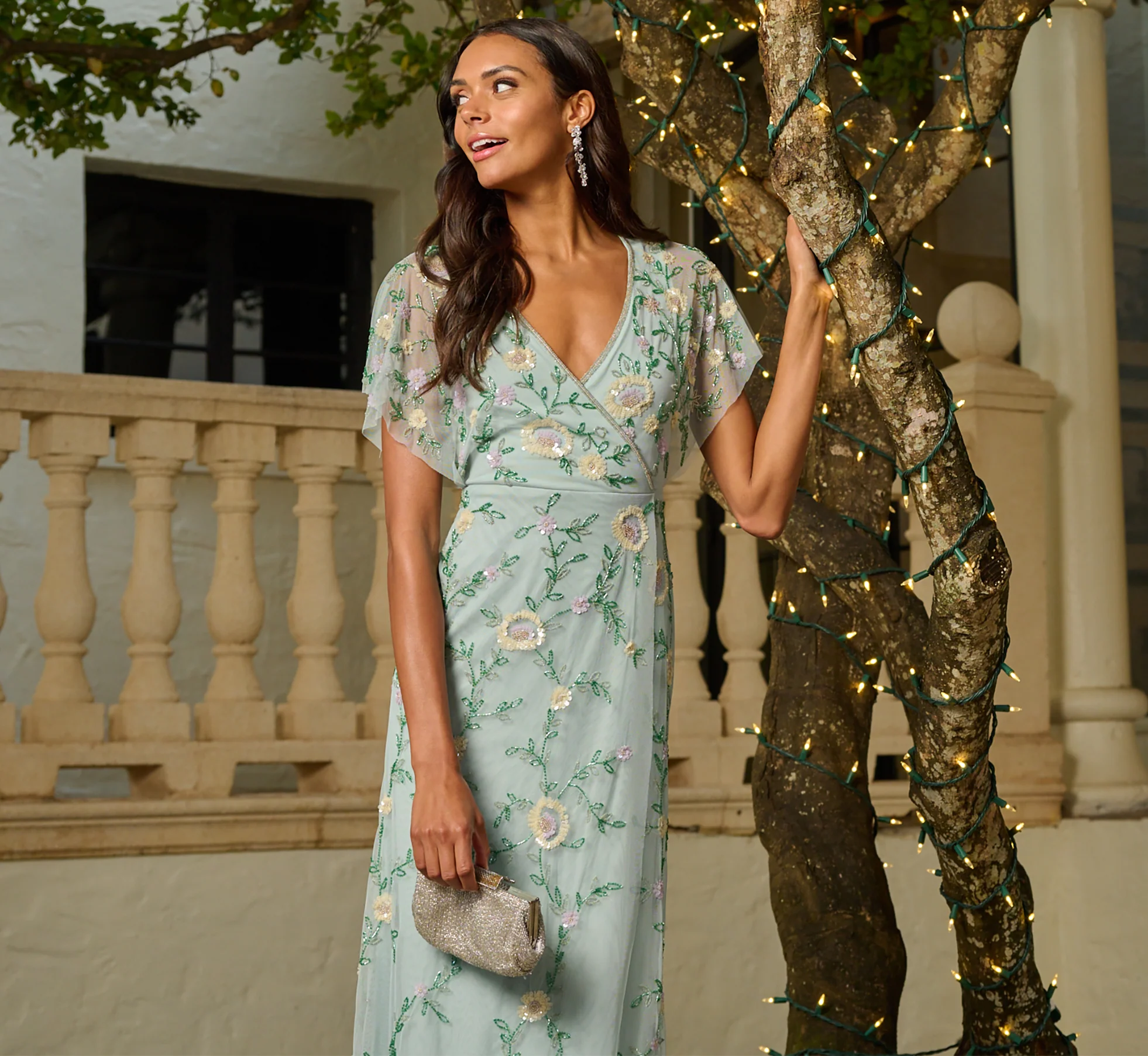 petite mother of the bride dress with floral embroidery and flutter sleeves