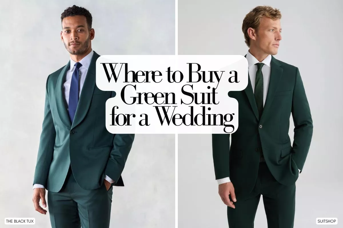 groom and groomsmen wearing green suits for wedding in forest green and sage tones