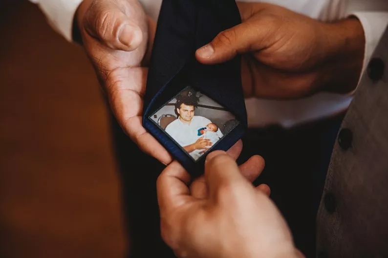 custom photo tie patch for groom from bride as gift on wedding day