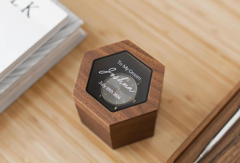 gift for groom on wedding day from bride - engraved watch box with watch