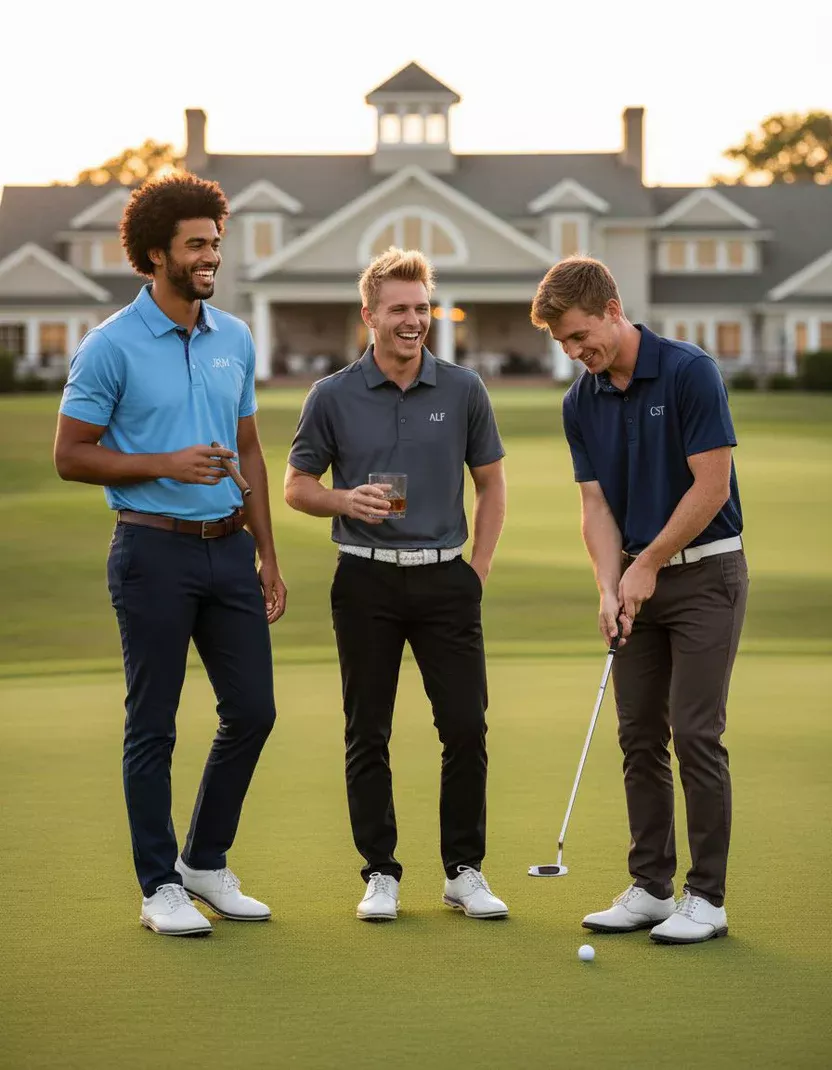 groomsmen wearing matching golf shirts at bachelor party