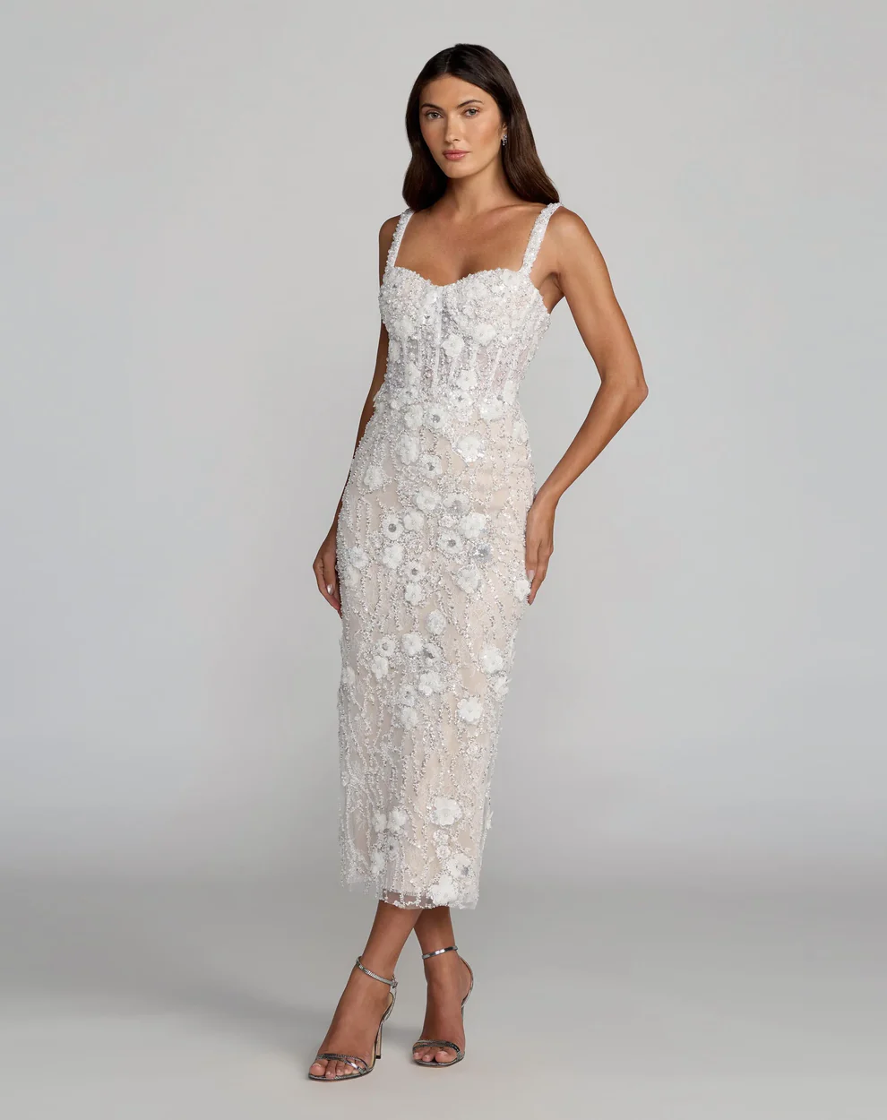 bride wearing ivory beaded floral midi length bridal shower dress