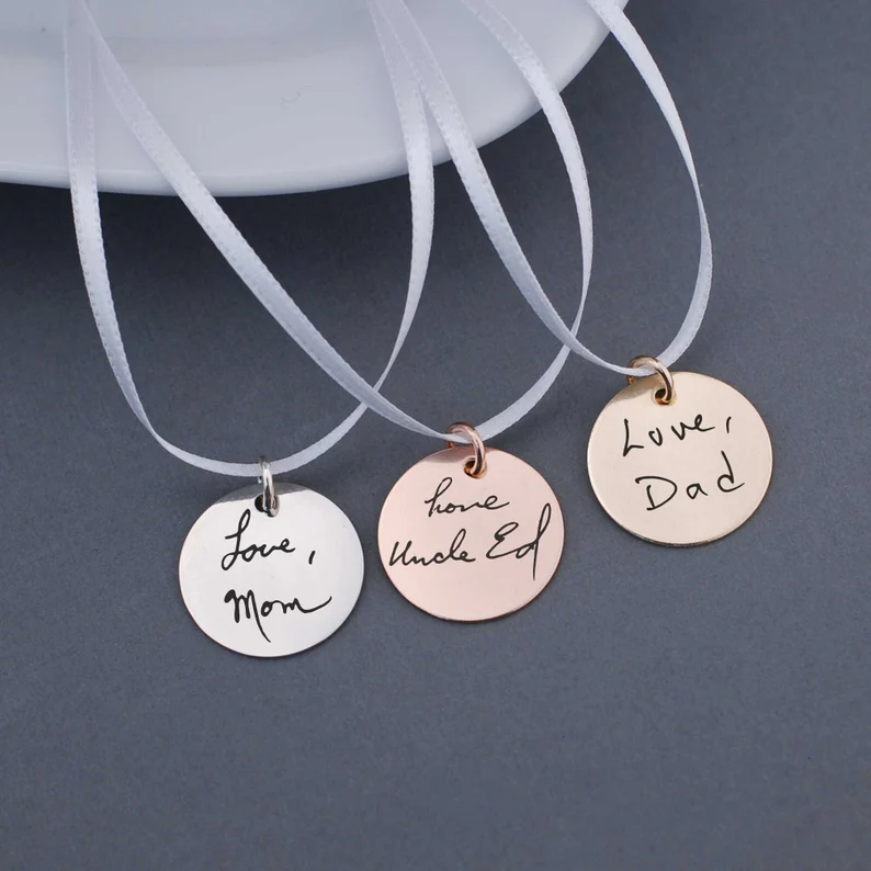bouquet charm with handwriting on silver, rose gold, or gold disc