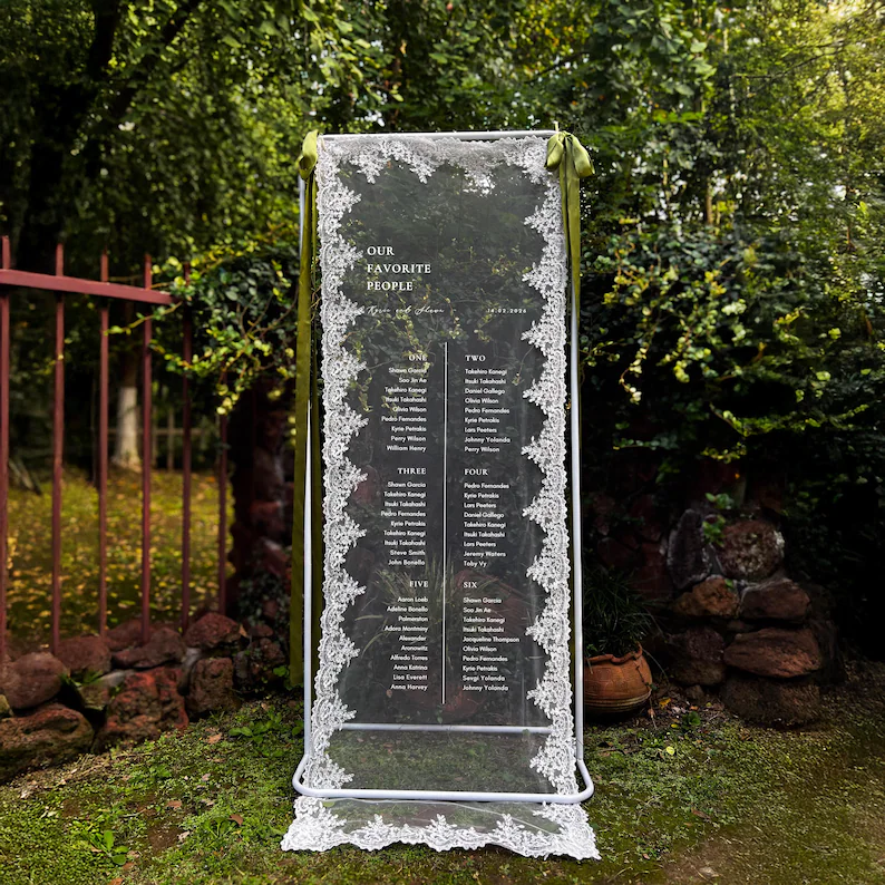 lace fabric wedding seating chart