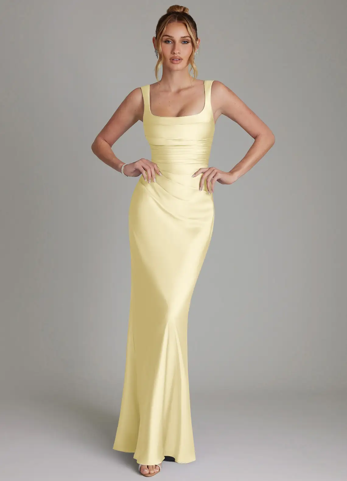 bridesmaid wearing lemon sorbet azazie bridesmaid dress