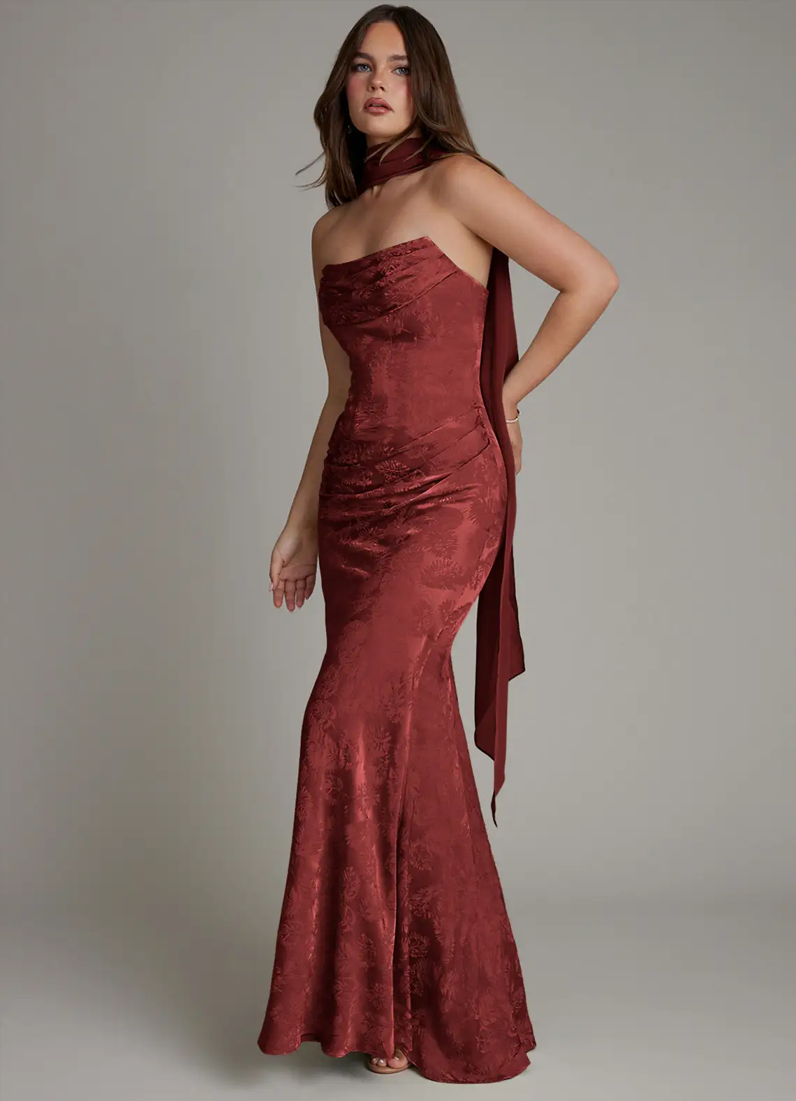 bridesmaid wearing floral jacquard corset style dress by azazie