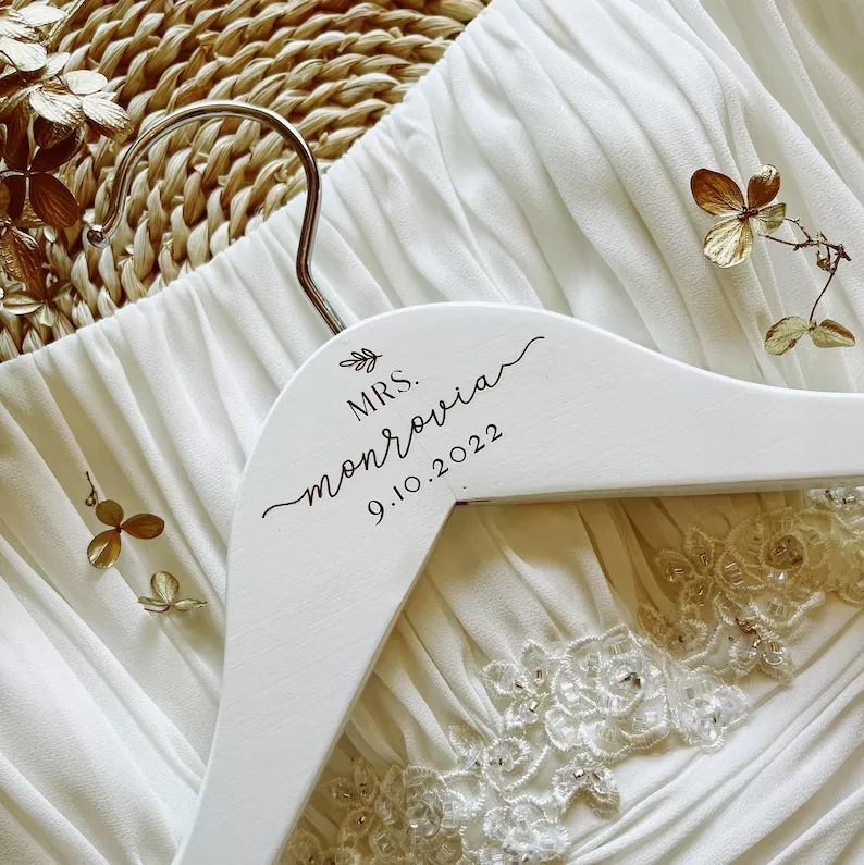 minimalist wedding dress hanger personalized with mrs and name with wedding date