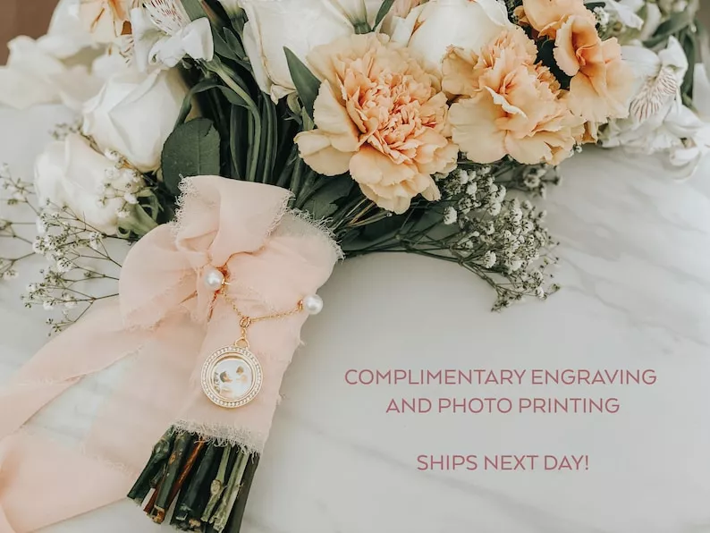 modern style photo locket charm for bridal bouquet