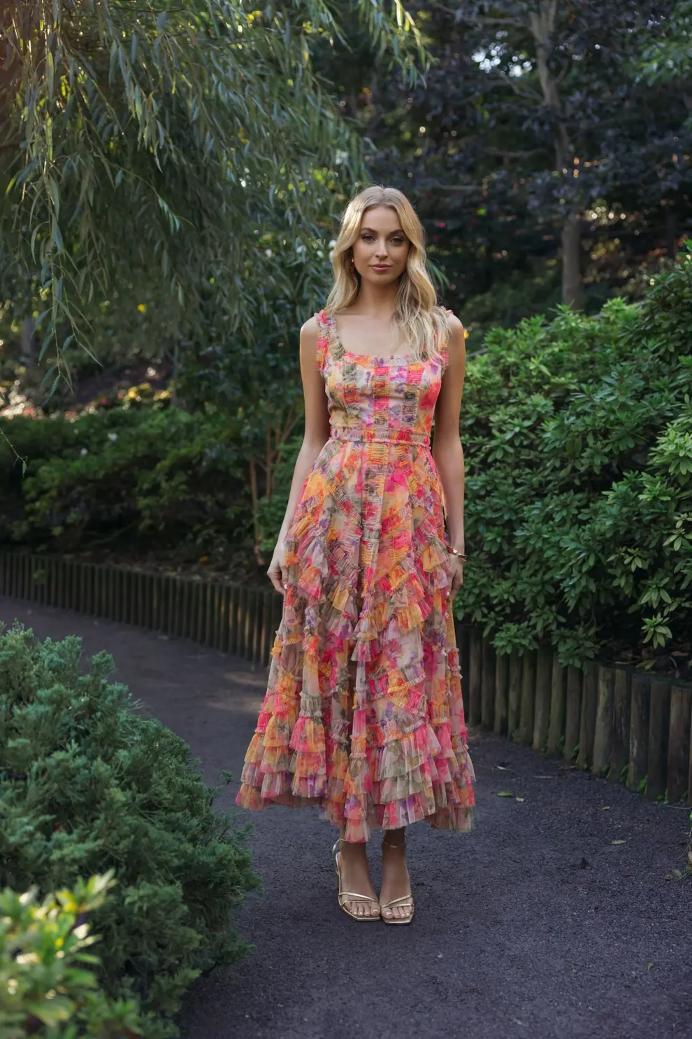 multi floral midi wedding guest dress
