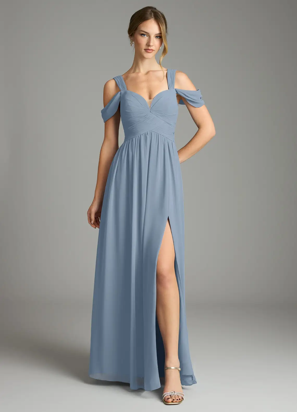 bridesmaid wearing dusty blue off the shoulder chiffon dress