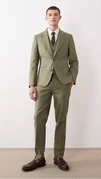 groom wearing olive green wedding suit