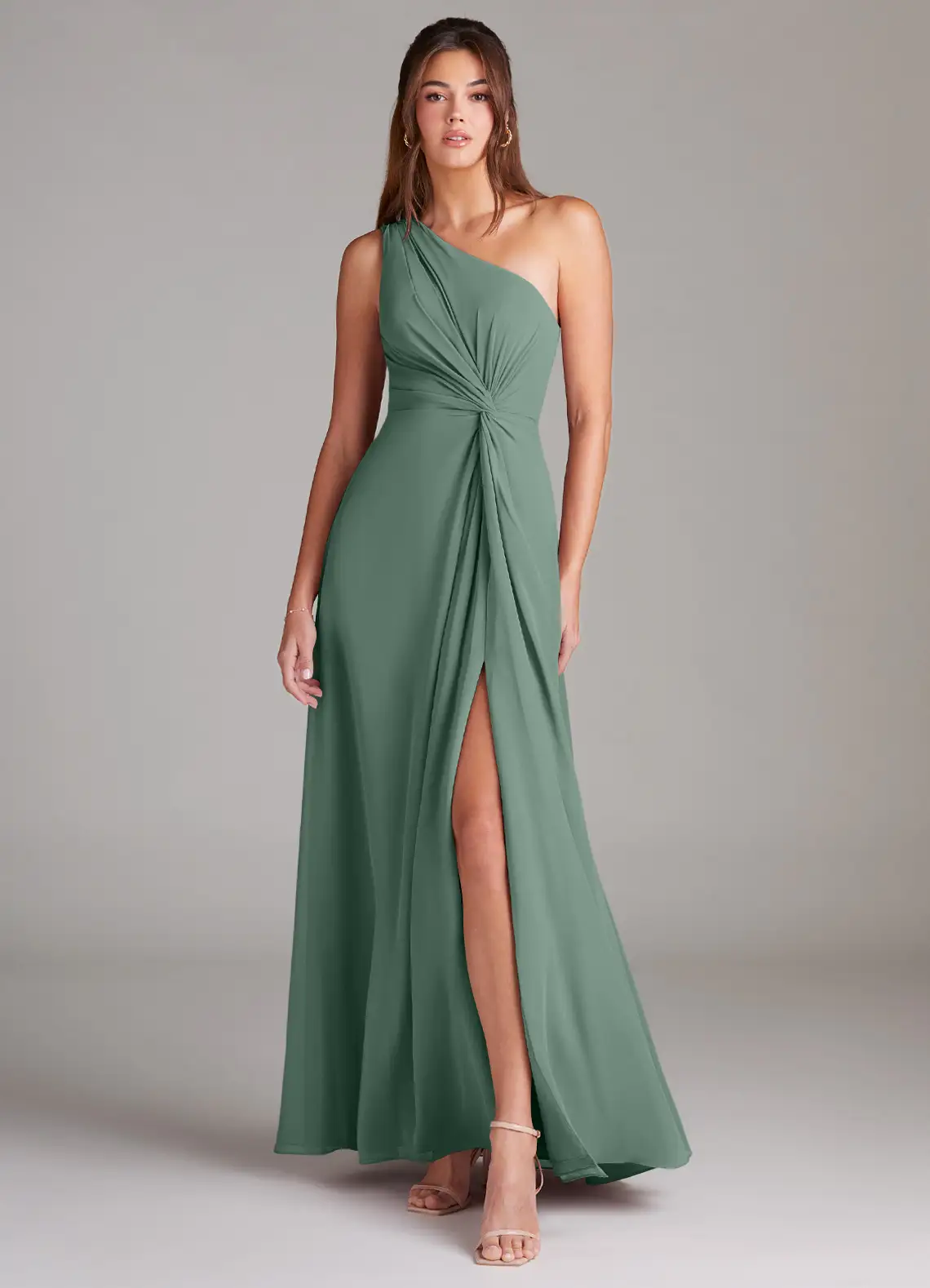 bridesmaid wearing chiffon one-shoulder azazie bridesmaid dress