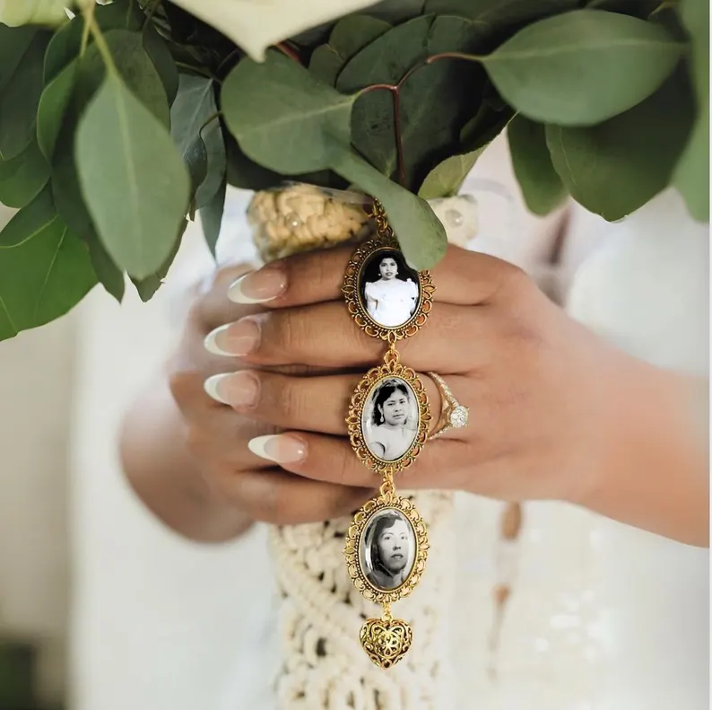 high-quality metal and photo bouquet charm with trio of photos