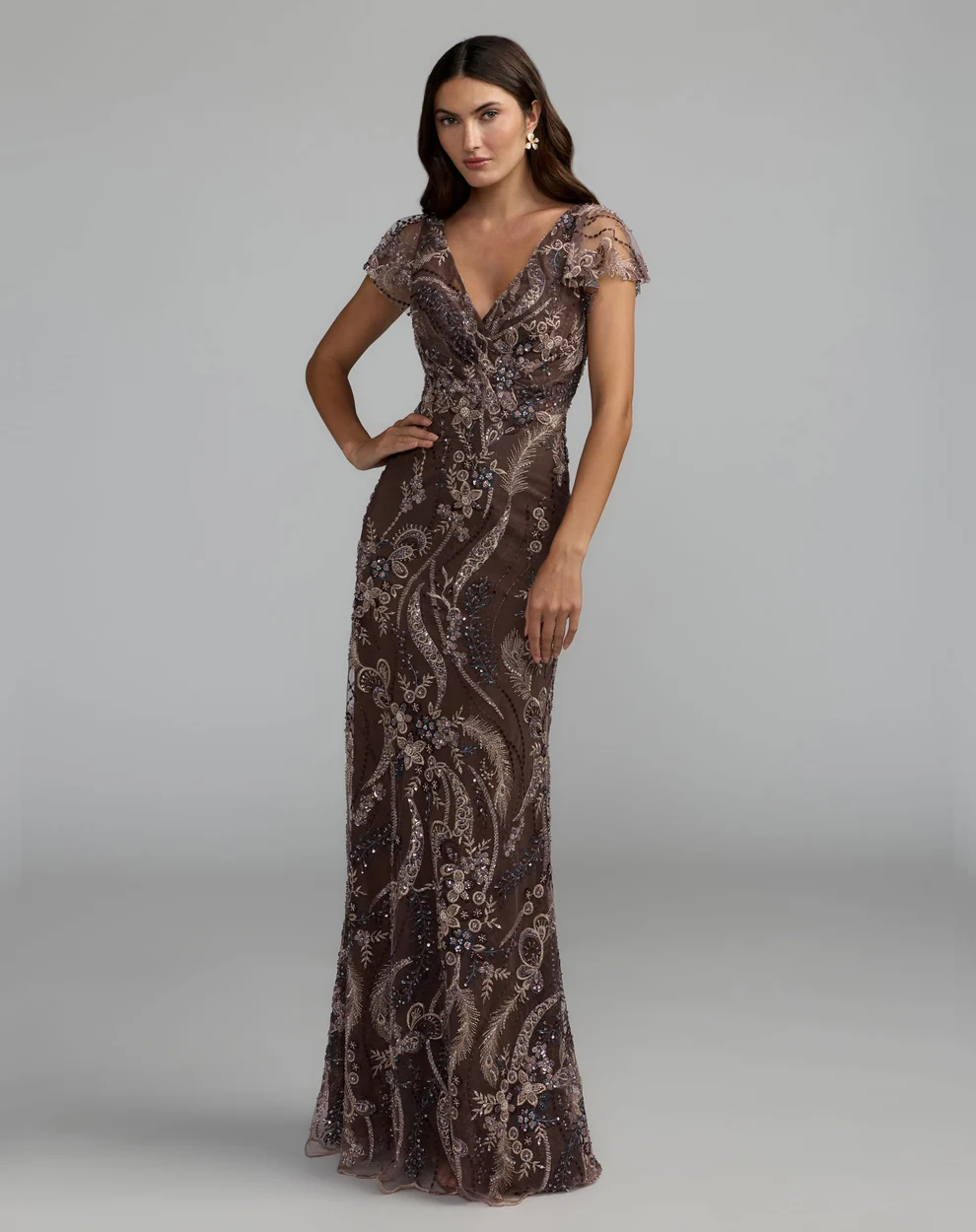 petite brown evening gown with flutter sleeves