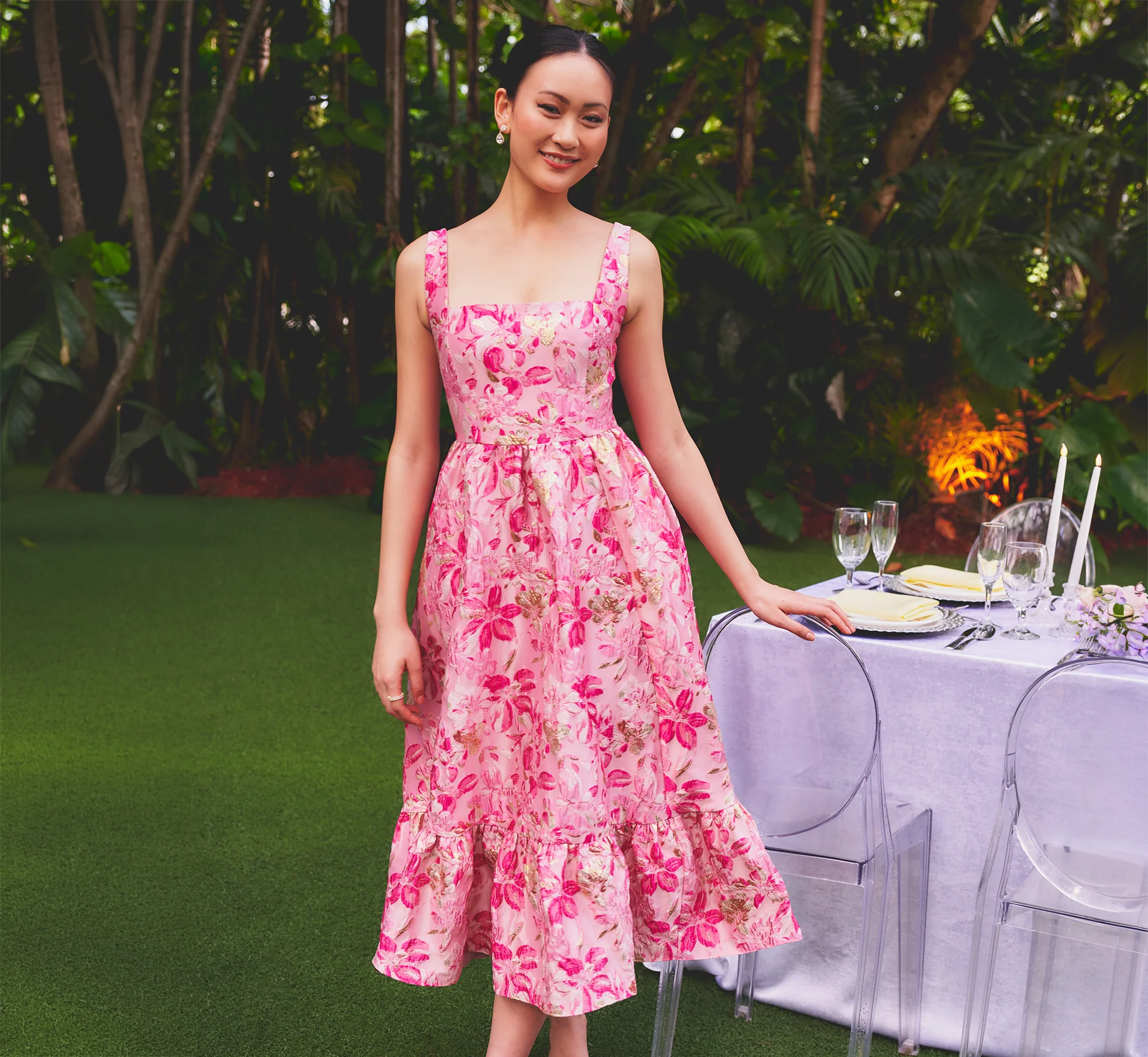 pink floral print petite mother of the bride dress