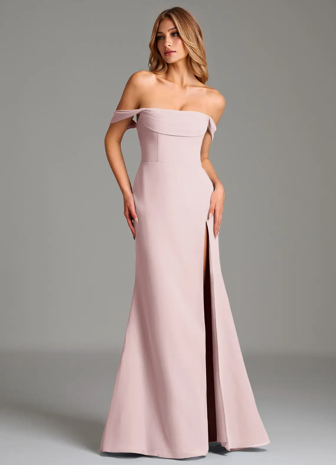 bridesmaid wearing pink off the shoulder dress