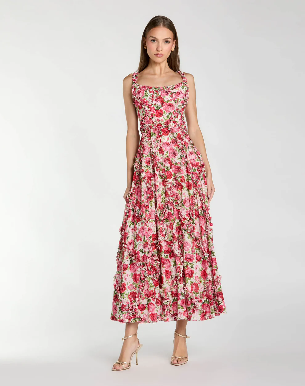 petite mother of the bride dress for summer with pink floral print and midi length