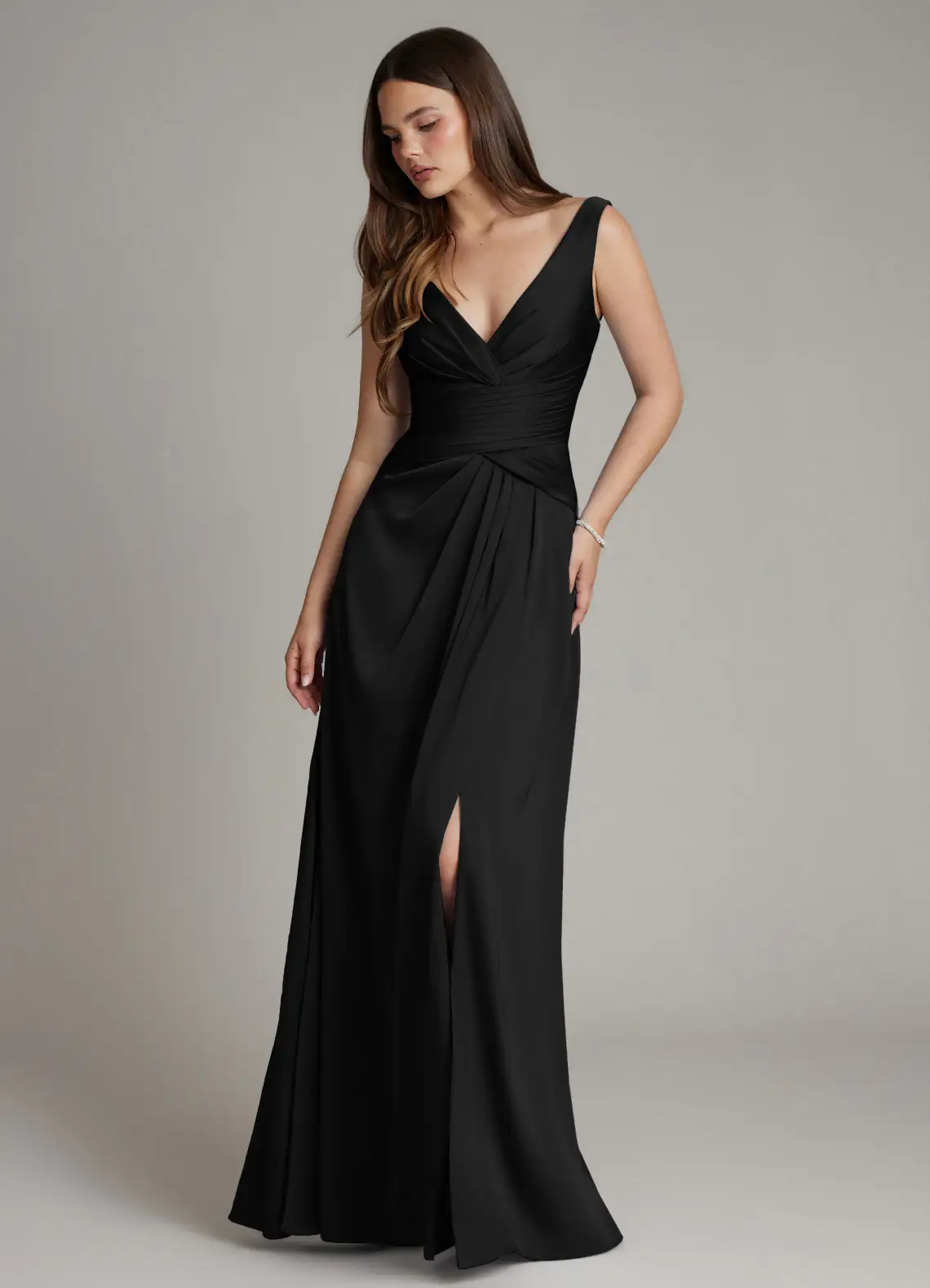 bridesmaid wearing deep v neck bridesmaid dress in black