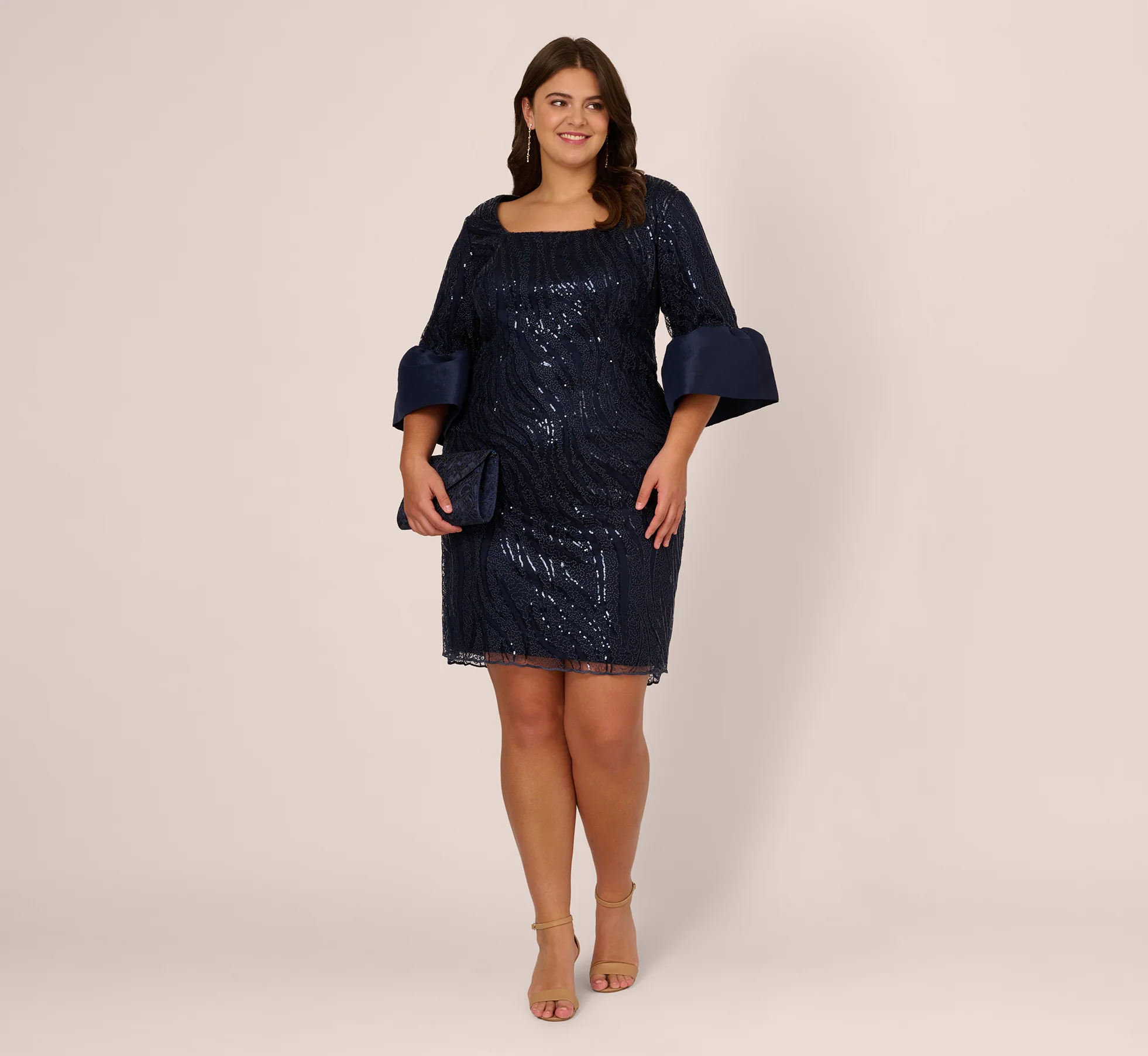 bell sleeve black sequin petite mother of the bride dress