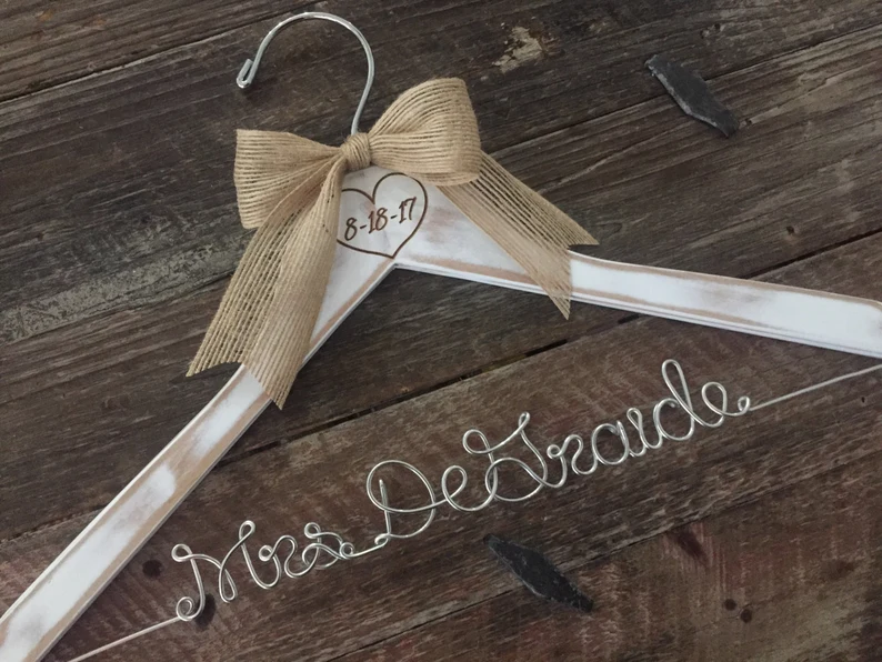 rustic wedding dress hanger with personalized wire name