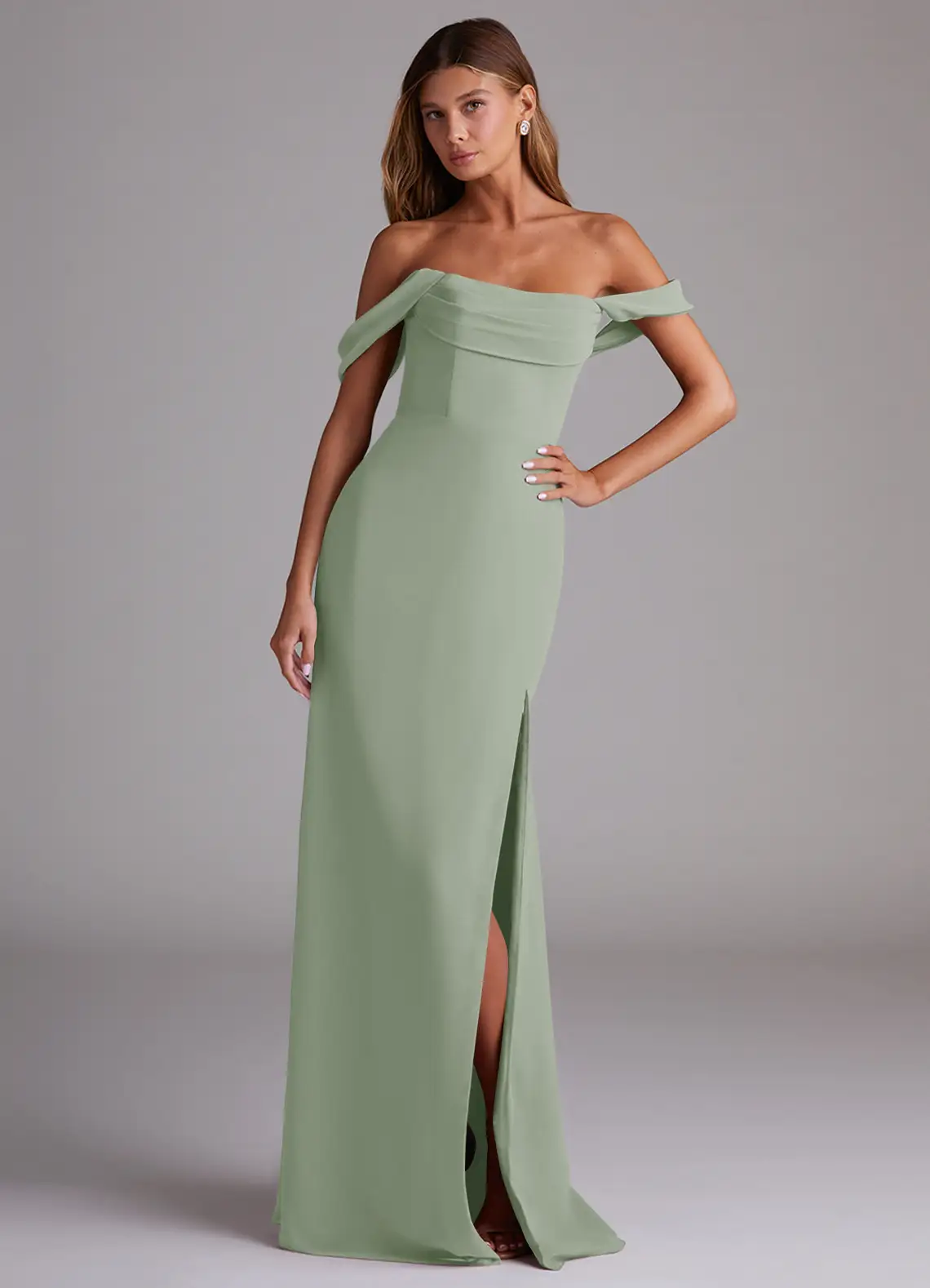 sage off the shoulder bridesmaid dress by azazie