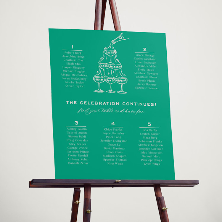 wedding seating chart example with champagne tower