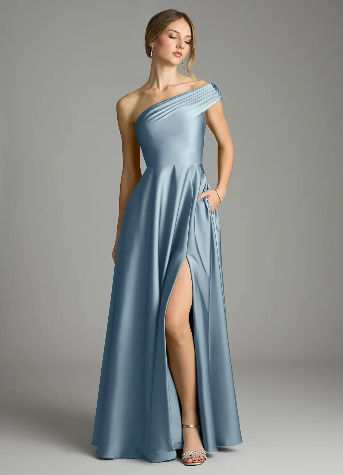 bridesmaid in blue shiny satin dress by azazie