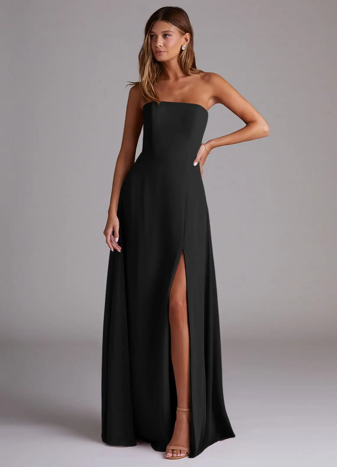 bridesmaid wearing convertible dress with strapless black satin