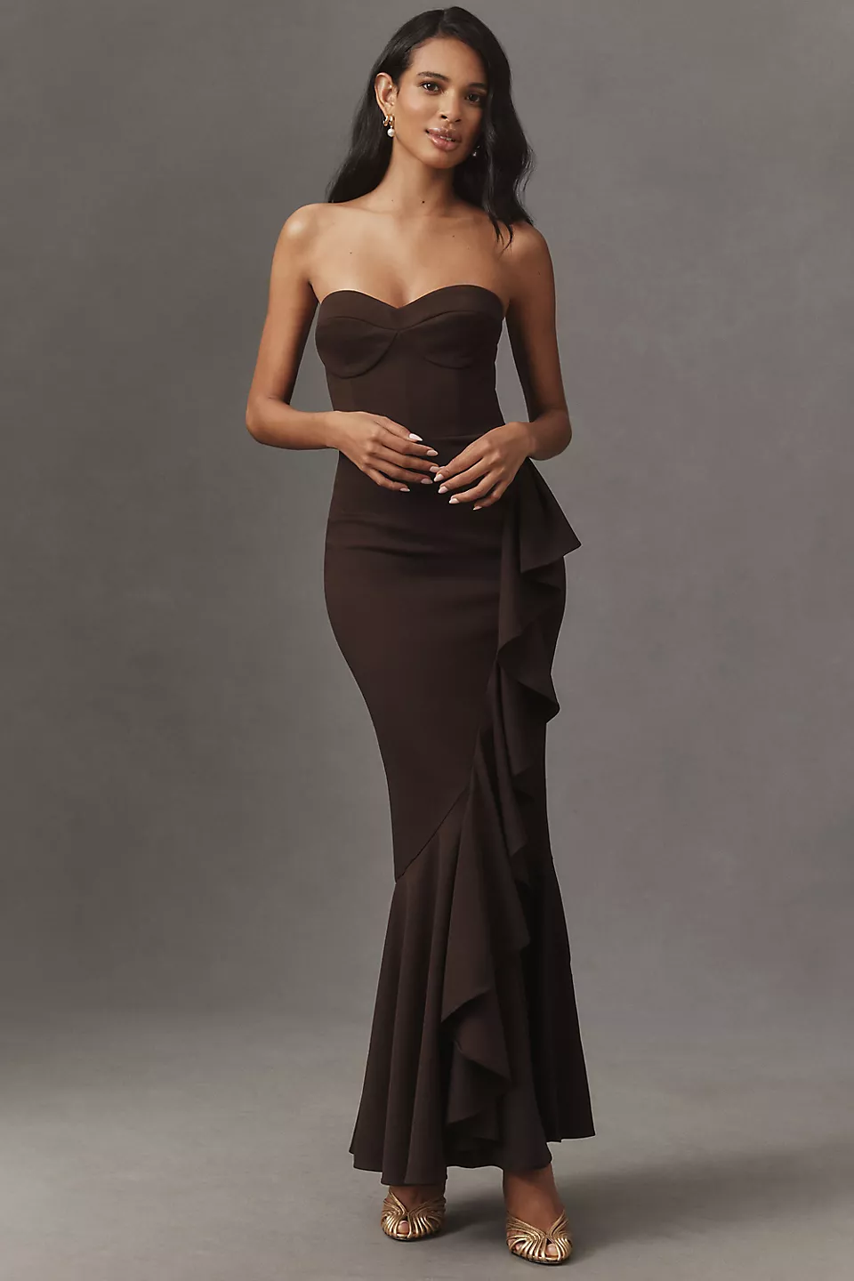 bridesmaid wearing dark brown mermaid style maxi dress