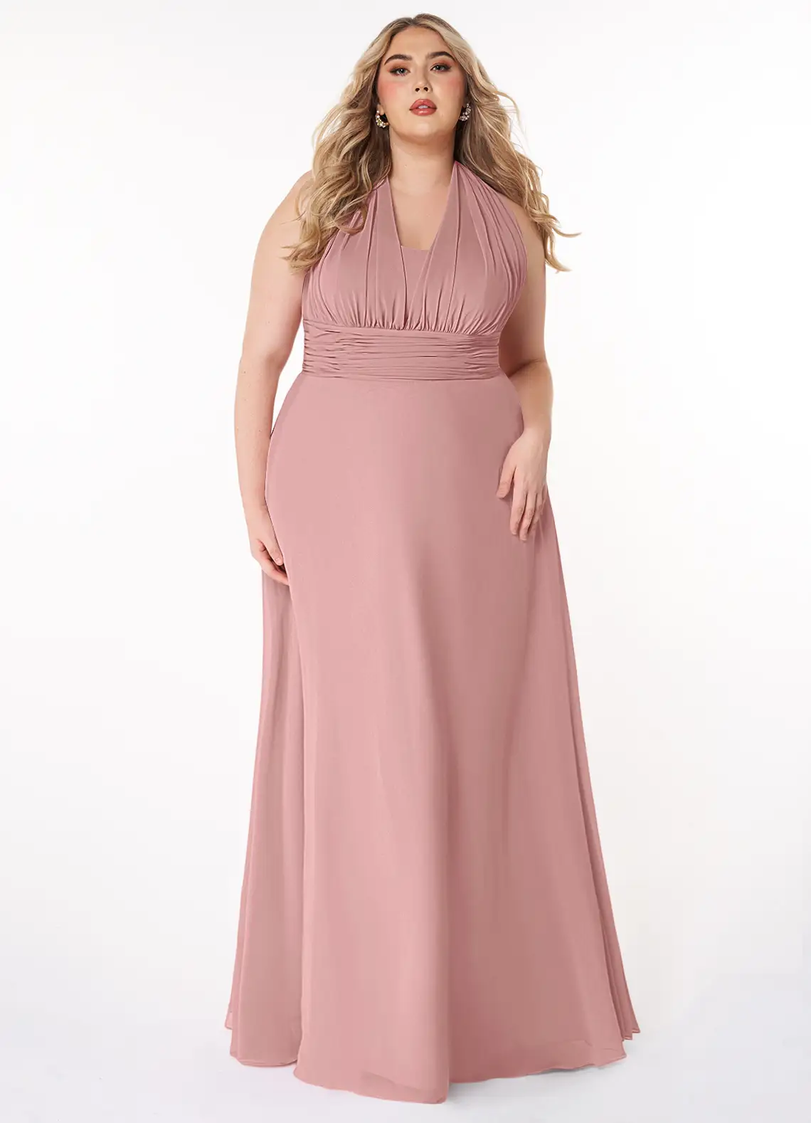 plus size bridesmaid wearing stylish rose colored azazie bridesmaid dress