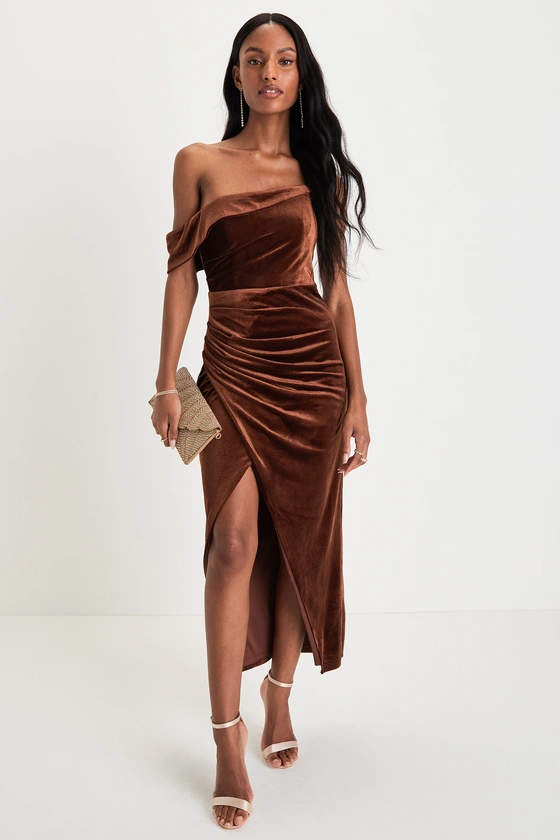 bridesmaid wearing dark brown velvet midi length dress