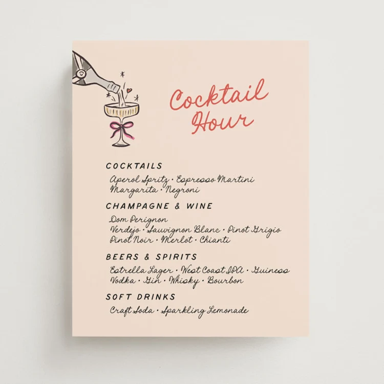 minimalist wedding bar menu sign displayed on acrylic board at reception bar