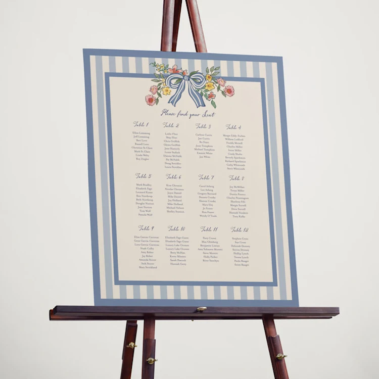 elegant wedding seating chart sign with guest names arranged in modern layout