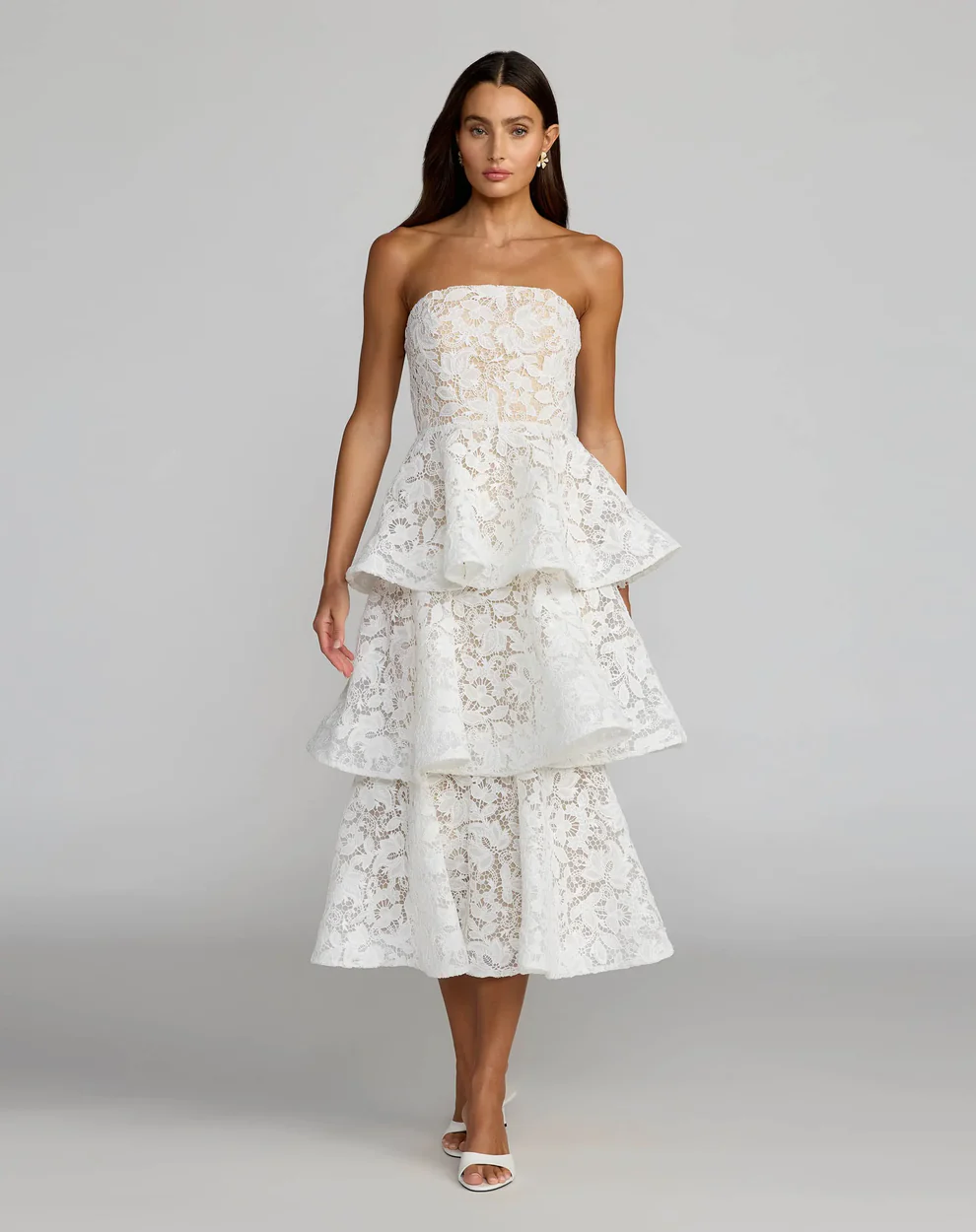 bride wearing floral lace tiered bridal shower dress