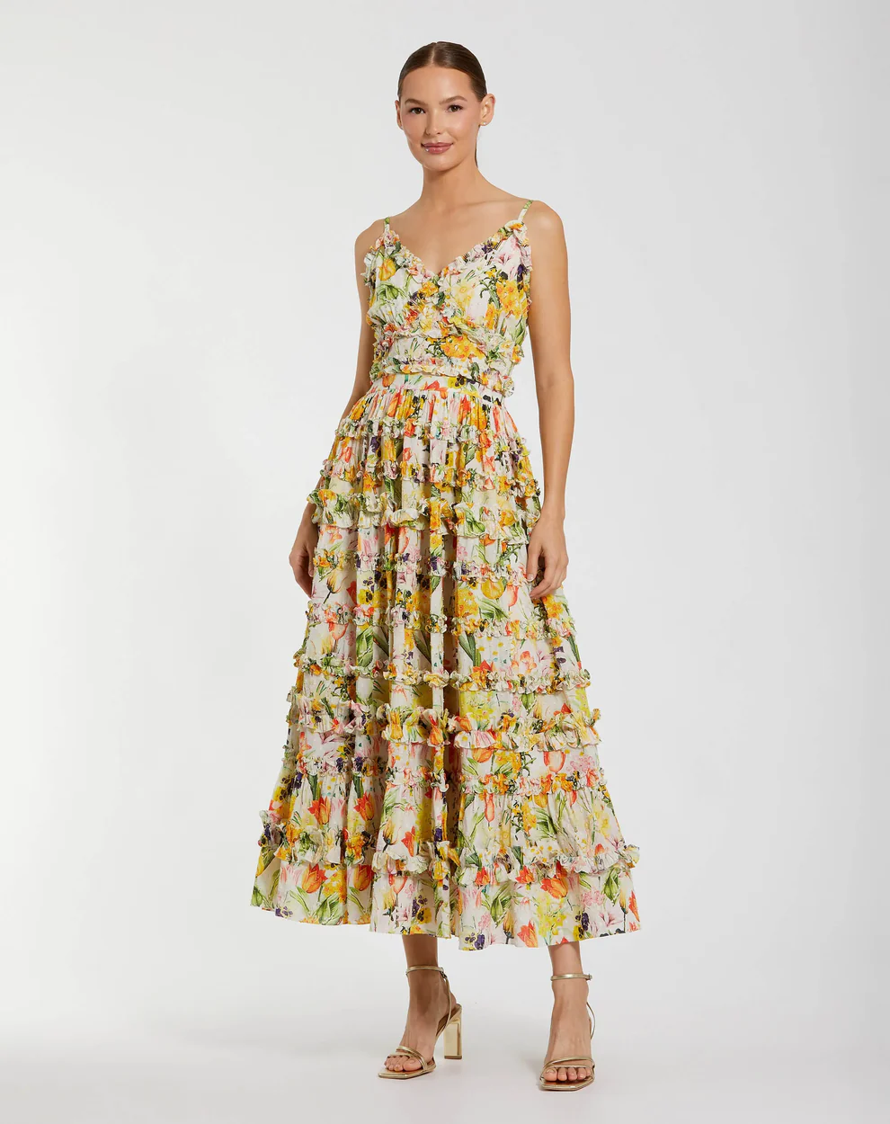 yellow midi dress with floral pattern for semi formal garden wedding