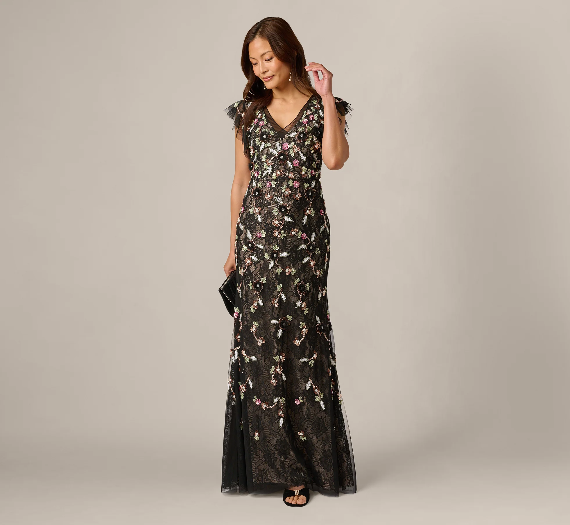 black and blush beaded floral mesh mother of the groom dress semi formal wedding outfit